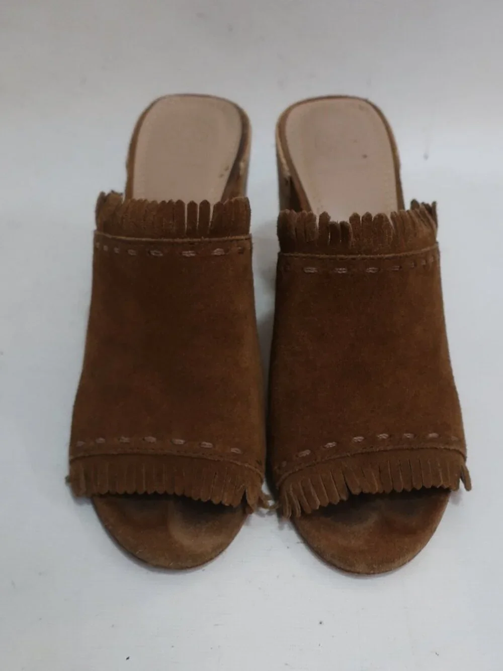 Womens Tory Burch Huntington Brown Fringed Suede Cork Block Heeled Sandals 7.5